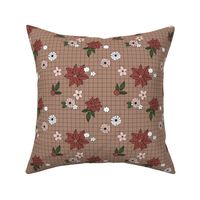 Christmas plaid with vintage daisies lilies and poinsettia flowers - boho retro checker cloth design for the holidays vintage red beige blush green on latte brown seventies palette