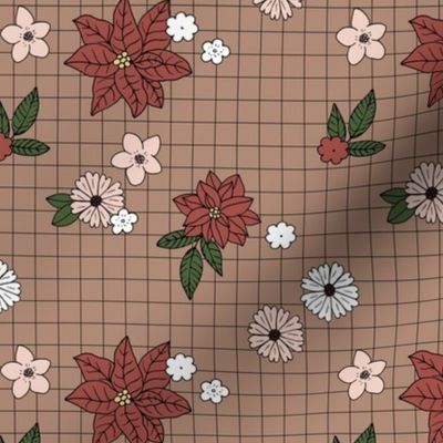 Christmas plaid with vintage daisies lilies and poinsettia flowers - boho retro checker cloth design for the holidays vintage red beige blush green on latte brown seventies palette