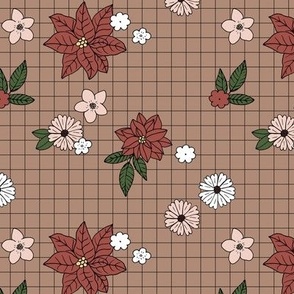 Christmas plaid with vintage daisies lilies and poinsettia flowers - boho retro checker cloth design for the holidays vintage red beige blush green on latte brown seventies palette