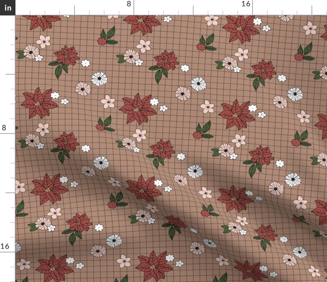 Christmas plaid with vintage daisies lilies and poinsettia flowers - boho retro checker cloth design for the holidays vintage red beige blush green on latte brown seventies palette