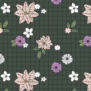 Christmas plaid with vintage daisies lilies and poinsettia flowers - boho retro checker cloth design for the holidays lilac blush white green on vintage green
