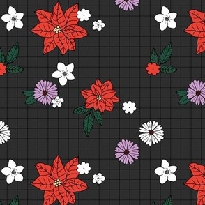 Christmas plaid with vintage daisies lilies and poinsettia flowers - boho retro checker cloth design for the holidays ruby red lilac pine on charcoal gray