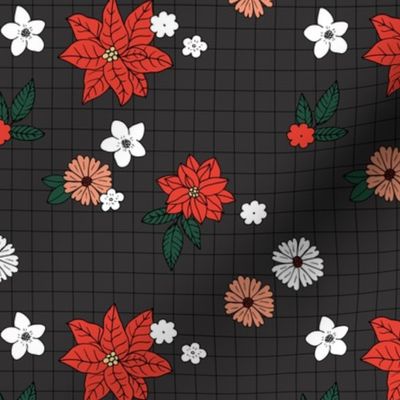 Christmas plaid with vintage daisies lilies and poinsettia flowers - boho retro checker cloth design for the holidays red peach white on charcoal gray