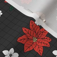 Christmas plaid with vintage daisies lilies and poinsettia flowers - boho retro checker cloth design for the holidays red peach white on charcoal gray