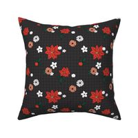 Christmas plaid with vintage daisies lilies and poinsettia flowers - boho retro checker cloth design for the holidays red peach white on charcoal gray