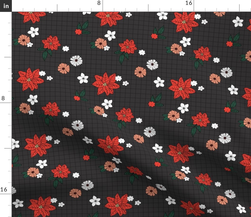 Christmas plaid with vintage daisies lilies and poinsettia flowers - boho retro checker cloth design for the holidays red peach white on charcoal gray