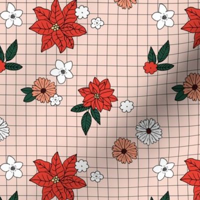 Christmas plaid with vintage daisies lilies and poinsettia flowers - boho retro checker cloth design for the holidays red white peach pine green on blush cream