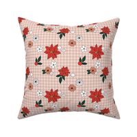 Christmas plaid with vintage daisies lilies and poinsettia flowers - boho retro checker cloth design for the holidays red white peach pine green on blush cream