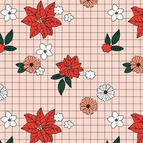 Christmas plaid with vintage daisies lilies and poinsettia flowers - boho retro checker cloth design for the holidays red white peach pine green on blush cream