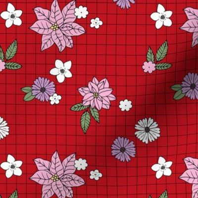 Christmas plaid with vintage daisies lilies and poinsettia flowers - boho retro checker cloth design for the holidays pink lilac green on ruby red