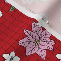 Christmas plaid with vintage daisies lilies and poinsettia flowers - boho retro checker cloth design for the holidays pink lilac green on ruby red