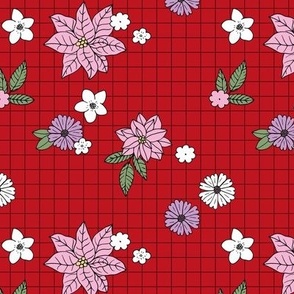 Christmas plaid with vintage daisies lilies and poinsettia flowers - boho retro checker cloth design for the holidays pink lilac green on ruby red