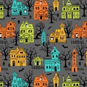 Haunted Houses: Orange Green Aqua Yellow on Gray (Small Scale)