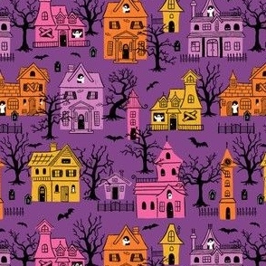 Haunted Houses: Orange Pink Purple Yellow on Purple (Small Scale)
