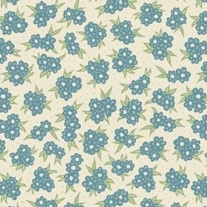 Blue and Green ditsy florals on cream white