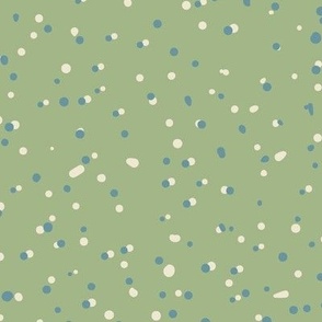 Blue and Green, cream white and blue tossed polka dots on dull green