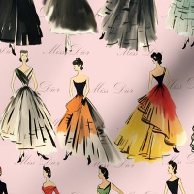 Parisian Gown Sketches –Miss Dior-Pink Wallpaper 
