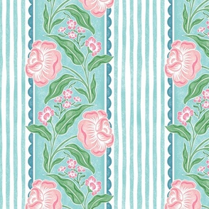 Coastal Cottage Floral Stripe - 12" large - teal, turquoise, pink