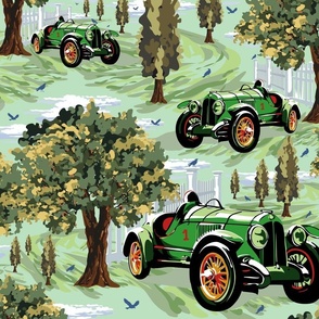 Green Vintage Racing Car, Retro Countryside Village Scene, Antique Automobile Scene