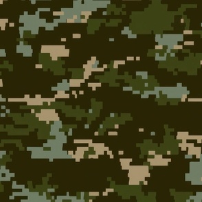 Digital Camouflage in Pixellated Swatches of Deep Forest Green, Olive Drab and Khaki Beige