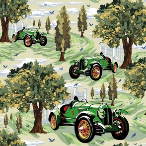 Vintage Racing Car Green, Retro Countryside Village Scene, Antique Automobile Scene