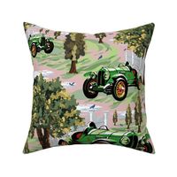 Racing Car Enthusiast, Vintage Green Cars, Retro Countryside Village Landscape, Nostalgic Automobile Scene