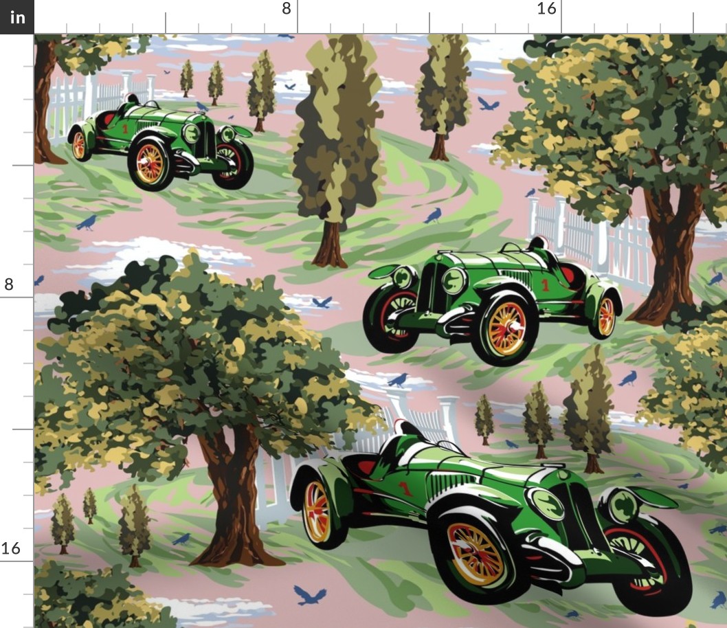 Racing Car Enthusiast, Vintage Green Cars, Retro Countryside Village Landscape, Nostalgic Automobile Scene