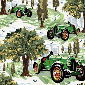 Vintage Sports Car Enthusiast, Vintage Green Racing Cars, Retro Countryside Village Landscape, Nostalgic Automobile Scene