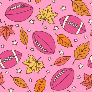 Footballs, Leaves & Stars on Pink (Large Scale)