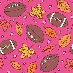 Footballs, Leaves & Stars on Dark Pink (Large Scale)