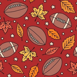 Footballs, Leaves & Stars on Red (Large Scale)