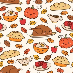 Kawaii Thanksgiving on Pale Beige (Large Scale)