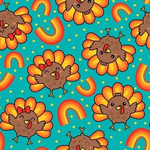 Kawaii Turkeys on Aqua (Large Scale)