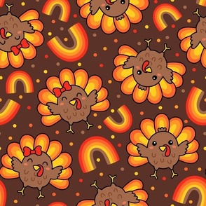 Kawaii Turkeys on Brown (Large Scale)