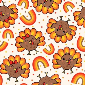 Kawaii Turkeys on Pale Beige (Large Scale)