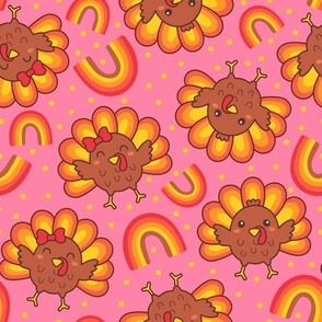 Kawaii Turkeys on Pink (Large Scale)