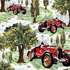 Antique Sports Car Enthusiast, Vintage Red Racing Cars, Retro Countryside Village Landscape, Nostalgic Automobile Scene (Large Scale)