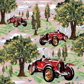 Nostalgic Automobile Sports Car, Vintage Red Racing Cars Enthusiast, Retro Countryside Village Landscape