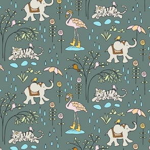 Rainy Day Tropical Animals (M) Elephant, Flamingo, Tiger on Dark Sage