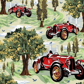  Retro British Sports Cars, Vintage Red Racing Car Enthusiast, Nostalgic Countryside Village Landscape