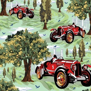  Summers Day Nostalgic Countryside Village Landscape, Retro Vintage Red Sports Cars, Racing Car Enthusiast