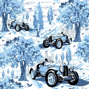 Summers Day Blue and White Toile, Nostalgic Countryside Village Landscape, Bygone Era Vintage Sports Racing Cars