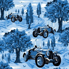 Country Landscape Ink Blue and White Toile, Nostalgic Countryside Village Landscape, Bygone Era Vintage Sports Racing Cars