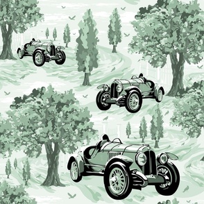 Modern Vintage Green and White Toile, Nostalgic Country Landscape, Countryside Village Landscape, Bygone Era Vintage Sports Racing Cars