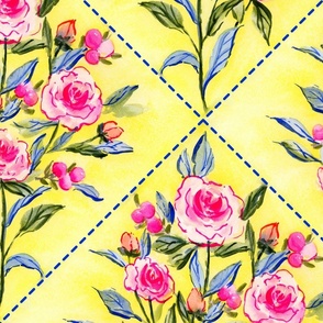 Bright, Cheerful Watercolor Rose Tiles - Pink, Green, Blue on Yellow (Large Scale)