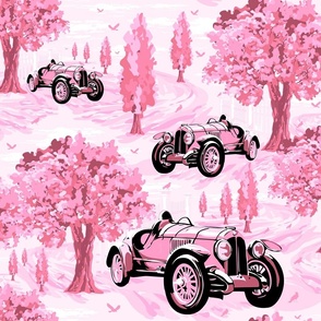 Timeless Pink Modern Vintage Toile De Jouy, Nostalgic Country Landscape, Countryside Village Trees, Bygone Era Vintage Sports Racing Cars