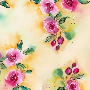 Handpainted Watercolor Red Roses on Yellow Background - Loosely spaced