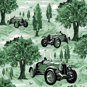 Timeless Dark Green Toile De Jouy, Modern Vintage Country Landscape, Countryside Village Trees, Bygone Era Vintage Sports Racing Cars