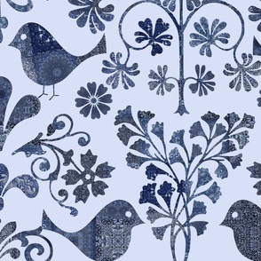 Patchwork Birds And Florals Scandinavian Folk Art Pattern Blue Large Scale