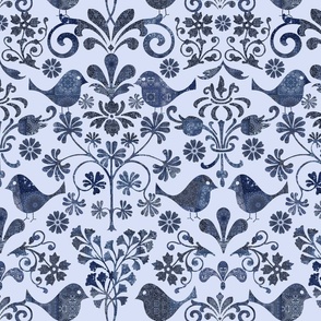 Patchwork Birds And Florals Scandinavian Folk Art Pattern Blue Medium Scale